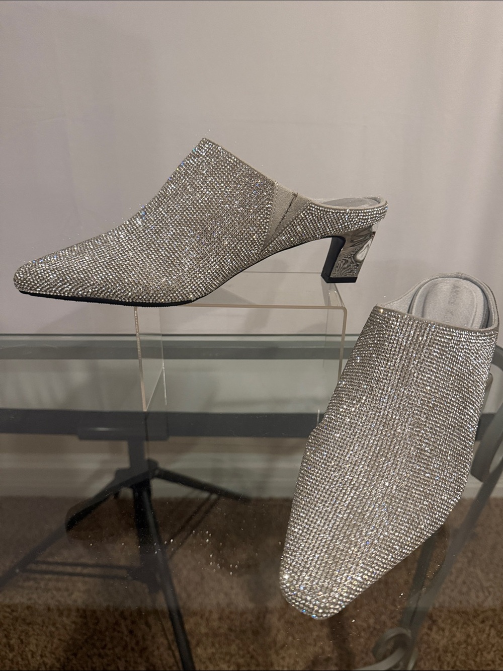 Anne Klein Silver Rhinestone Slip-On Mules